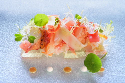 Maine Lobster, Alaskan King Crab, Basil and Tomato consommé Jelly
