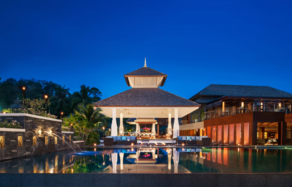 Anantara Layan Lobby, Dusk, pond, lights