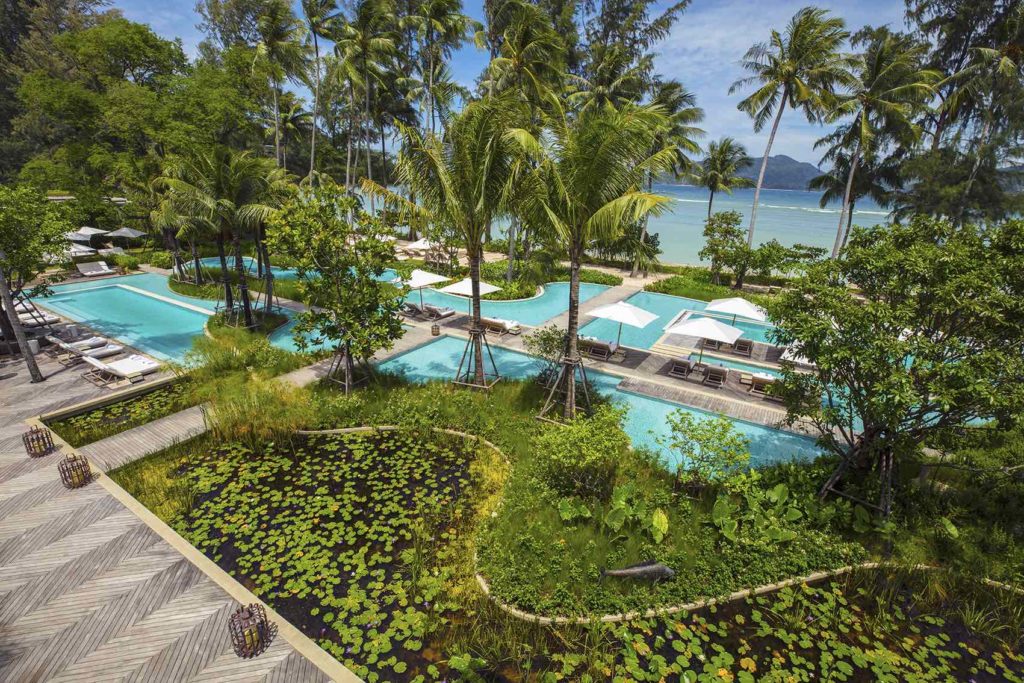 Pool, view, sea, palm trees, turquoise waters, luxury hotel